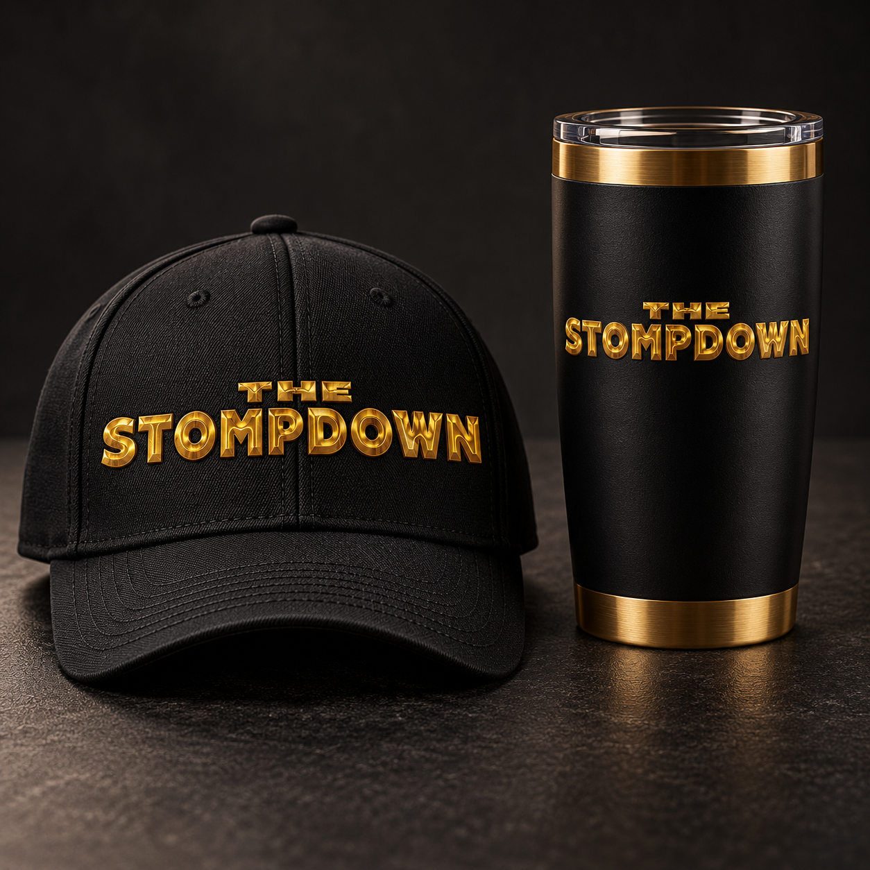Concept preview of a black Stompdown cap and tumbler with metallic-gold logos