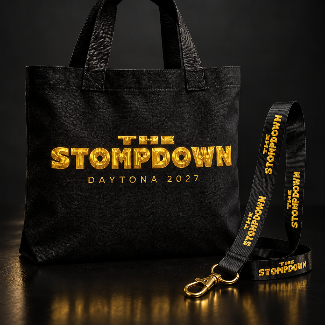 Concept preview of a black Stompdown Daytona 2027 tote and lanyard