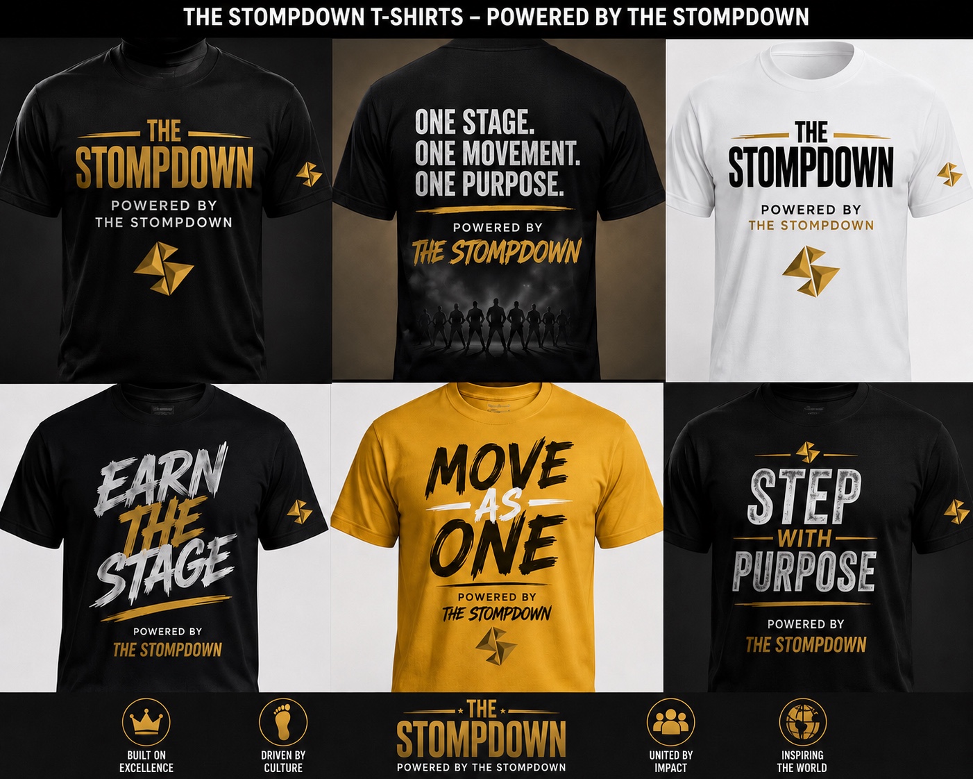 The Stompdown T-shirt collection featuring black, white and gold designs