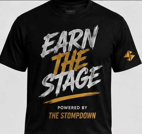 Black statement shirt with gold and white lettering.