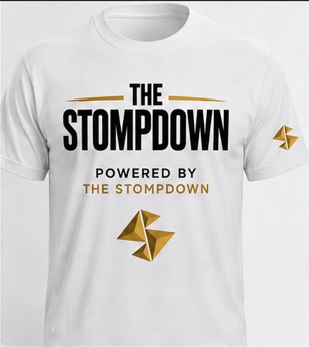 White shirt with black and gold Stompdown logo.