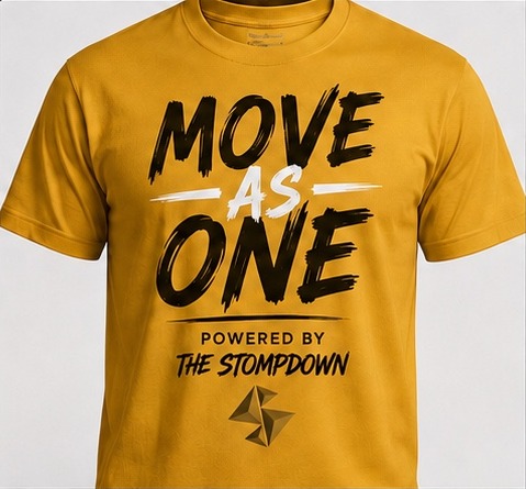 Gold statement shirt with black and white lettering.