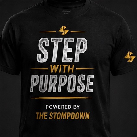 Black statement shirt with gold and white lettering.